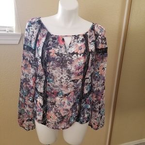 Boutique + multi color sheer top with lace accent